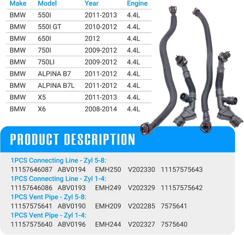 Vista 5 de 4 piezas de tubo de ventilación de cárter izquierdo y derecho para BMW 550i 650i 750i 750Li Alpina B7 X5 X6 xDrive35i N63 4.4L 11157575640