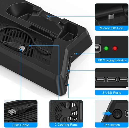 Vista 4 de KEKUCULL Estación de carga de controlador para PS4PS4 SlimPS4 Pro, soporte vertical PS4 con estación de carga de doble controlador, ventilador