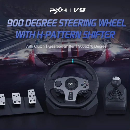 Vista 2 de PC Steering Wheel, PXN V9 Universal Usb Car Sim 270900 Degree Race Steering Wheel with 3-Pedals and Shifter Bundle for Xbox One,Xbox Series
