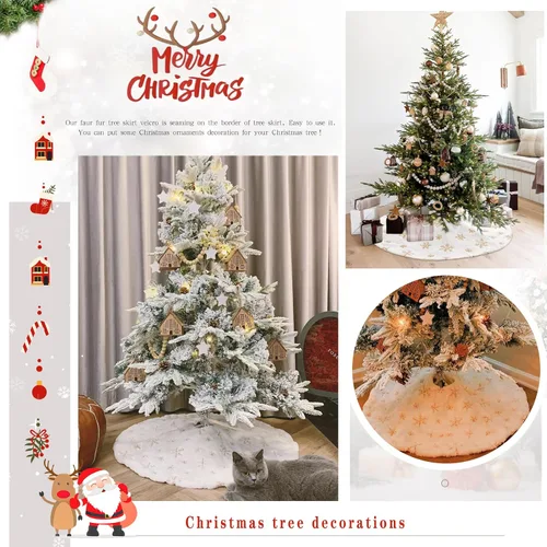 Vista 6 de Falda de árbol pequeña de 24 pulgadas, falda de árbol de piel sintética blanca de Navidad de 4 pies, mini copos de nieve de lentejuelas doradas