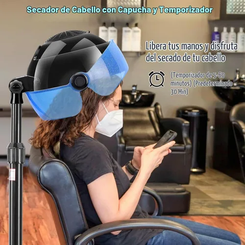Vista 6 de Secador de pelo con capucha, secador de pelo de pie de 1500 W con ajustes de tiempo, controles táctiles y 3 modos de temperatura, secadora iónica