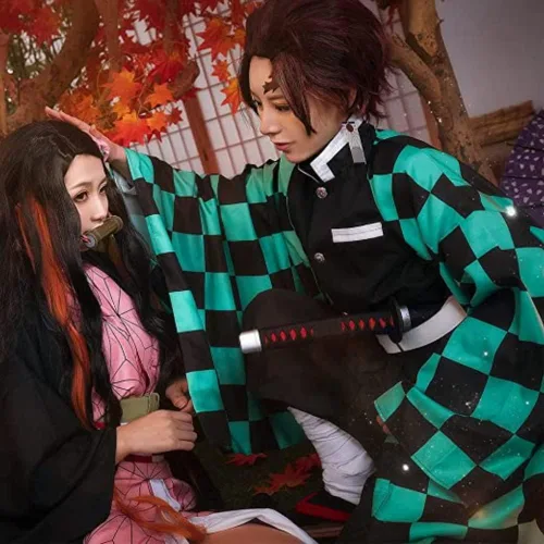 Vista 8 de Disfraz de cosplay de Tanjiro Shinobu Zenitsu Giyuu para adultos, disfraz de Halloween para adultos, kimono, uniforme con aretes de peluca