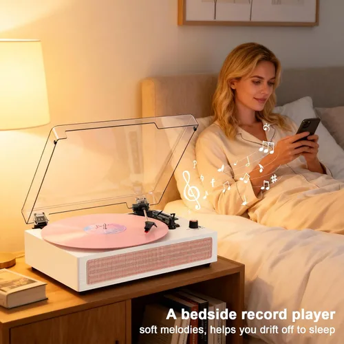Vista 10 de Tocadiscos de vinilo con altavoces, tocadiscos Bluetooth vintage rosa con modos de sonido EQ y pantalla LED, tocadiscos de 3 velocidades para discos