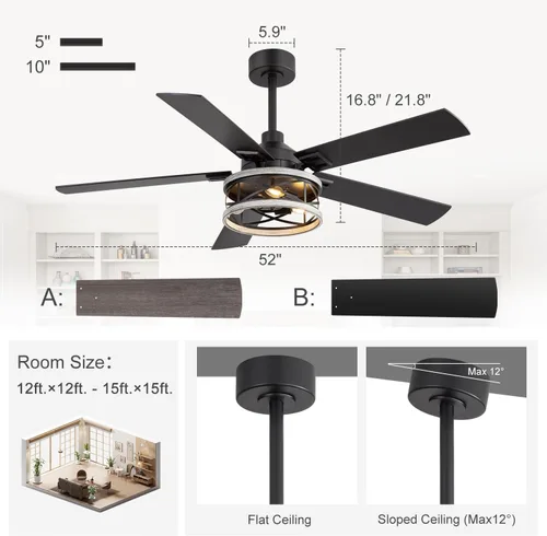 Vista 8 de Ventiladores de techo de 52 pulgadas con luces, ventilador de techo rústico de granja y control remoto, motor reversible de 6 velocidades