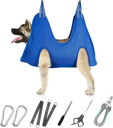 Vista 23 de Hamaca de aseo para mascotas para perros y gatos pequeños – Eslinga para recortar uñas con cortaúñas, lima de uñas y tijeras – Arnés de aseo