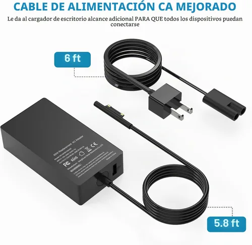 Vista 5 de Cargador Surface Pro de 65W para Microsoft Surface Laptop Pro X, 9, 8, 7+, 7, 6, 5, 4, 3 Windows Surface Laptop 5, 4, 3, 2, 1, Studio, Surface Book