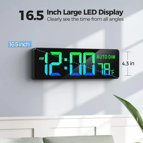 Vista 2 de REACHER Reloj de pared digital grande de 16.5 pulgadas con temporizador de cuenta regresiva, atenuador automático, temperatura, control remoto