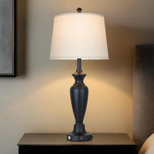Vista 18 de Juego de 2 lámparas de mesa de metal plateado de 26 pulgadas para dormitorios, lámparas de noche con control táctil para mesita de noche con puerto