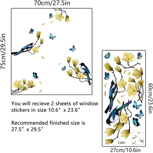 Vista 4 de Ohmywor 32 calcomanías de ventana de resorte de mariposa con diseño de pájaros en ramas de magnolia anticolisión para ataques de pájaros