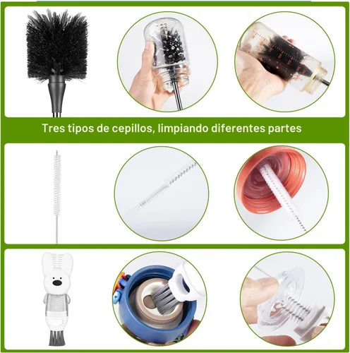 Vista 3 de Paquete de 3 cepillos para botellas, juego de cepillos de limpieza de botellas de agua de mango largo de acero inoxidable que incluye popote
