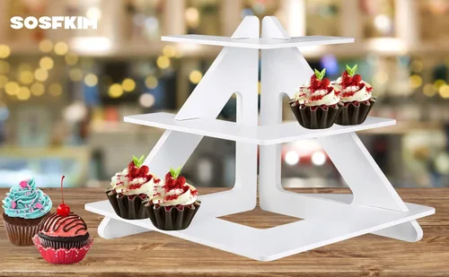 Vista 8 de Soporte para 24 cupcakes – Soporte rústico para cupcakes de 3 niveles plegable de madera – Soporte blanco para cupcakes – Torre de cupcakes