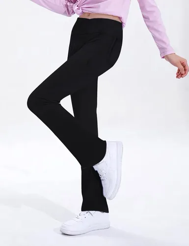Vista 3 de Leggings para niñas, pantalones acampanados cruzados con bolsillos, color negro, suaves, elásticos, de cintura alta, para niños, yoga, danza