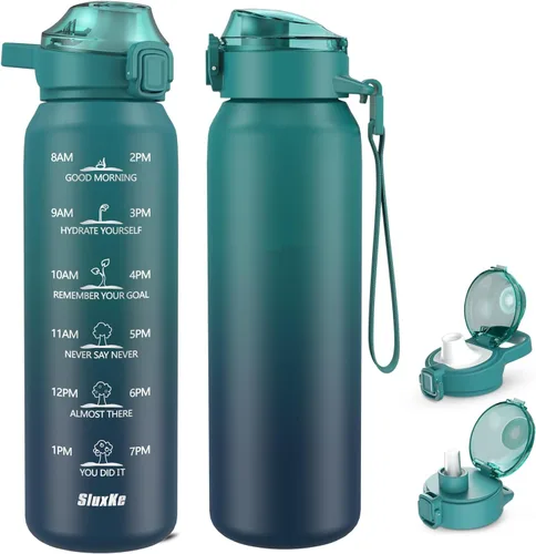 Vista 9 de SLUXKE Botella de agua aislada de acero inoxidable de 32 onzas con asa, botella aislada de doble pared de 1 litro con marcador de tiempo libre