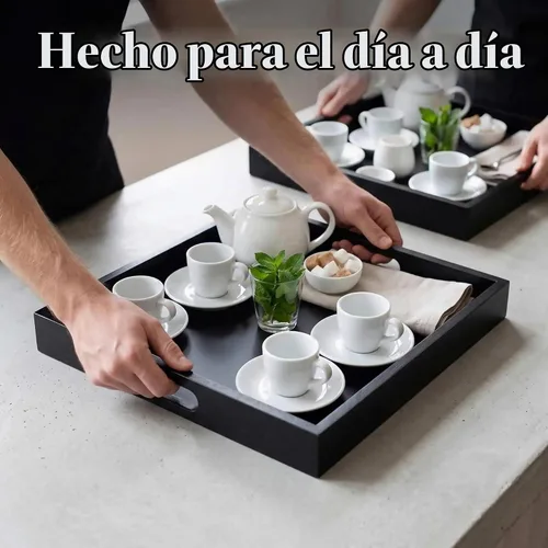 Vista 3 de Bandeja cuadrada de madera con asa, otomana decorativa para el hogar, 16 x 16 pulgadas, color negro