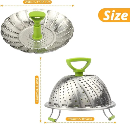 Vista 2 de Cesta de vapor plegable de acero inoxidable (7-11 pulgadas) con mango resistente al calor, ideal para cocinar mariscos, verduras, frutas, expandible
