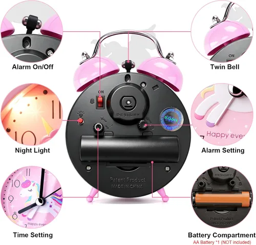 Vista 5 de QearFun Reloj despertador de unicornio para niñas y niños, bonita decoración de dormitorio, segunda mano silenciosa sin tictac, con retroiluminación