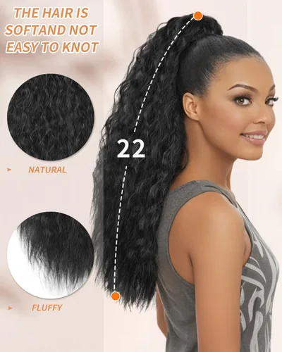 Vista 6 de Extensiones de pelo largo para cola de caballo ondulado con cordón de 22 pulgadas, cabello sintético con cordón, para mujer
