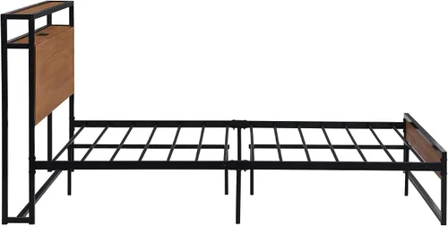 Vista 6 de VilroCaz Cama de plataforma de tamaño matrimonial con enchufes y puertos USB, marco de cama de plataforma de metal moderno con cajones, soporte