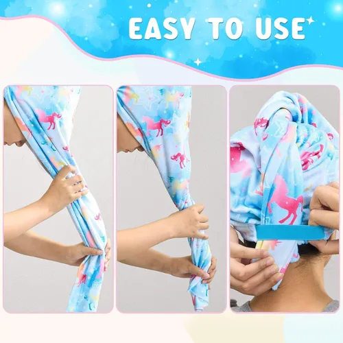 Vista 6 de WAWSAM Paquete de 2 toallas de secado de cabello para niños, toalla de microfibra para el cabello para niñas, gorro de pelo de secado rápido con Azul