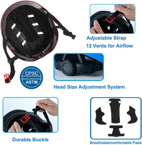 Vista 5 de Casco para bicicleta y patineta, ajustable y multideporte para patines y scooter, 3 tallas para adultos, jóvenes, niños y bebés