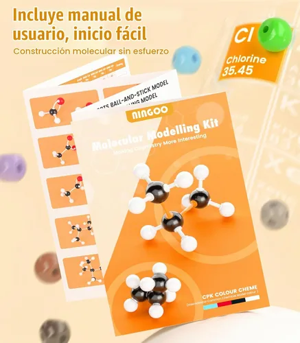 Vista 3 de Kit de modelo de química orgánica, 124 piezas, kit de modelo molecular portátil para clases de química, conjunto de modelos de elementos atómicos
