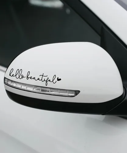 Vista 6 de RACOONA Calcomanía para espejo retrovisor, calcomanía Hello Beautiful, accesorios de coche, calcomanía para espejo retrovisor (negro)