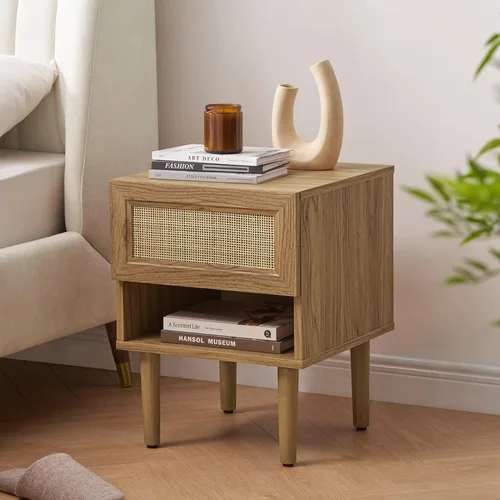Vista 12 de Mopio - Mesita de noche Haylee de ratán, mesa auxiliar perfecta para sala de estar y dormitorio que complementa tu cama o sofá (carbón)