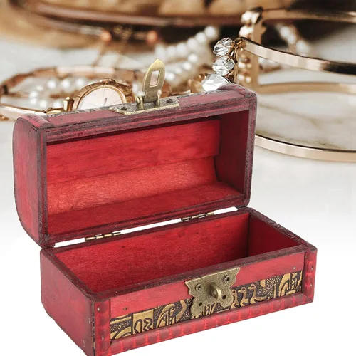 Vista 4 de Caja de madera vintage con cerradura, cofre del tesoro antiguo con cerradura, pequeño joyero de madera con cerradura para almacenamiento de joyas