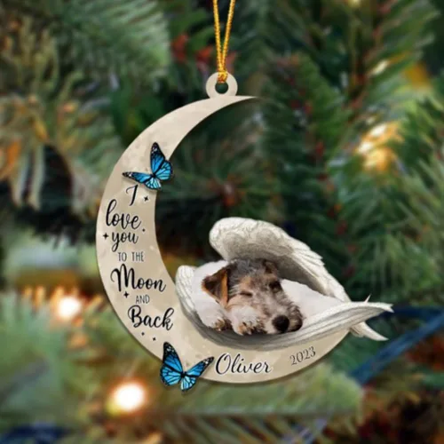 Vista 123 de Adorno colgante personalizado de ángel durmiendo en la luna, perro sabueso afgano, nombre personalizado, acrílico impreso en 2D plano – cumpleaños