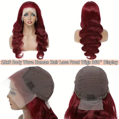 Vista 6 de 99J - Pelucas de cabello humano con encaje frontal transparente HD de 13 x 6 pulgadas, color burdeos, para mujer, densidad del 180%, color rojo