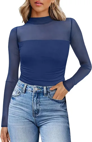 Vista 22 de Camisas de manga larga de malla sexy para mujer, ropa de moda, cuello de tortuga, drapeada, para salir, trajes de otoño, blusas ajustadas Negro