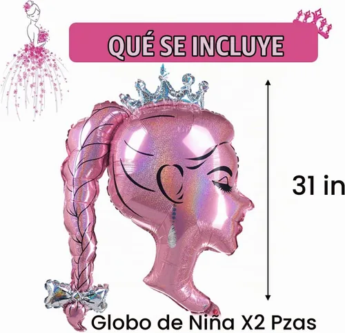 Vista 2 de 2 globos de papel de aluminio de princesa rosa, arco de cabeza de niña, globos de corona de muñeca para decoración de fiesta temática de princesa