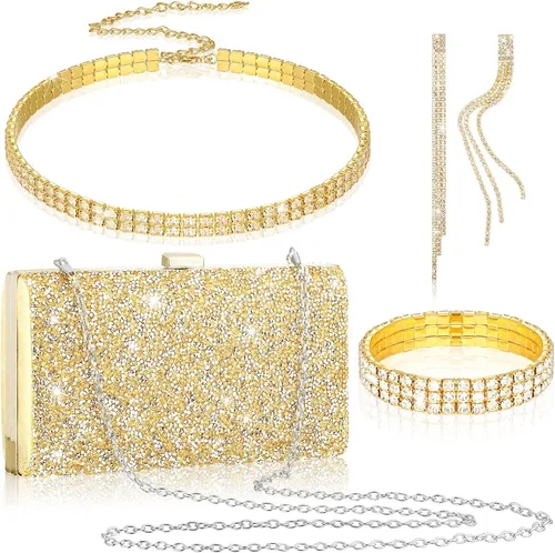 Vista 13 de Kigeli 4 piezas de diamantes de imitación para mujer, bolsa de embrague de noche, collar y pulsera para boda formal