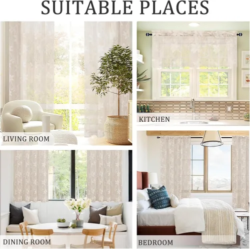 Vista 6 de DWCN Paquete de 2 cortinas traslúcidas pequeñas de encaje floral beige para cocina, cortinas traslúcidas ligeras con bolsillo para barra, cortinas