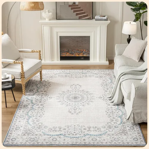 Vista 284 de Istana Alfombra larga antideslizante de 2.5 x 8 para el hogar, para pasillo y cocina, lavable, sedosa y suave al tacto, elegante, color azul y marfil