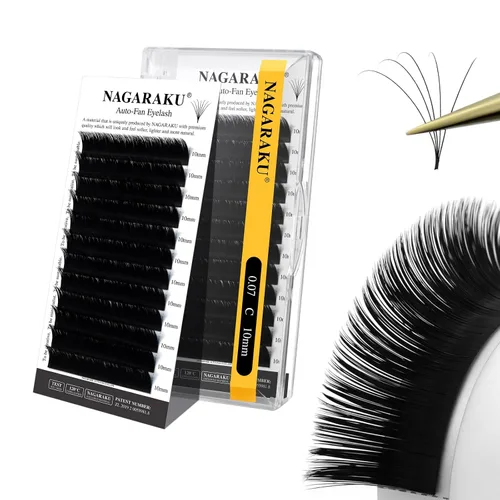 Vista 65 de NAGARAKU Extensiones de pestañas listas para colocar, forma de abanico, 3 capas, auto-floreciente, mega volumen, pestañas suaves pre-pegadas, 0.03 D