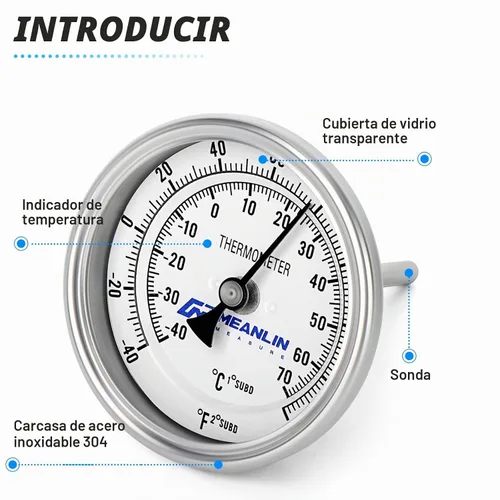 Vista 6 de MEANLIN MEASURE - Termómetro bimetálico de 1/2" NPT, esfera de 3.3", tallo de acero inoxidable de 1-7/8", precisión del 2%, montaje trasero central