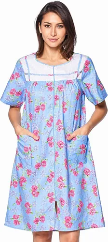 Vista 6 de Casual Nights Vestido de casa con cremallera frontal para mujer, manga corta, tejido, bata de casa con bolsillos Azul (Blue Dogs)