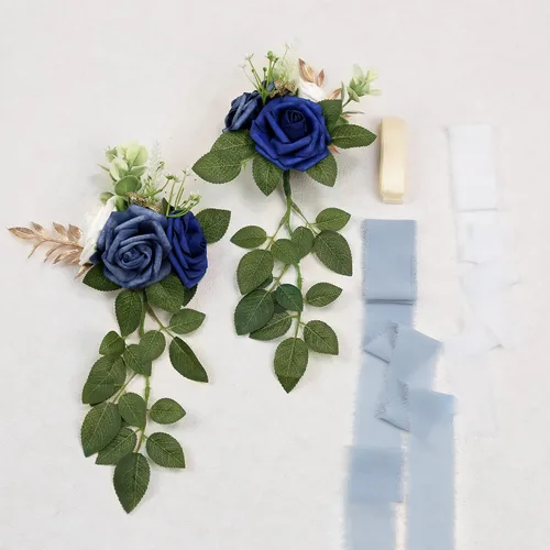 Vista 5 de Arreglo floral de pasillo para la ceremonia de la boda, juego de 10 flores para sillas de la iglesia, decoración para fiestas con flores Azul