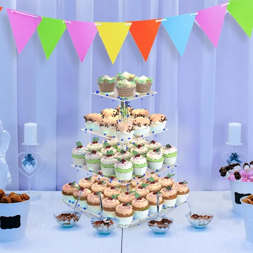 Vista 4 de Soporte para Cupcakes, Soporte para Cupcakes de 4 Niveles, Soporte Iluminado para Cupcakes para 50 Cupcakes, Torre Cuadrada para Cupcakes, Juego