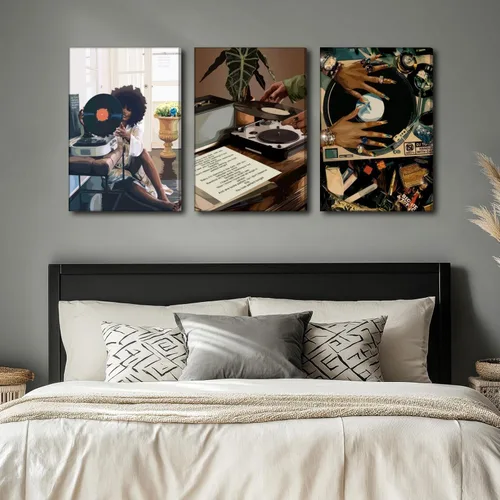 Vista 4 de Lienzo enmarcado de niña negra, 3 unidades, diseño de niña negra, música de discos, decoración de pared, cuadros de niña negra funky, pósteres