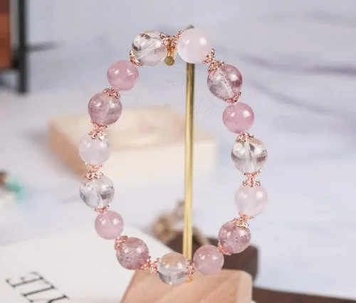 Vista 2 de Piedra preciosa rosa y oro rosa cuarzo rosa, cuarzo fresa, azeztulita, cuarzo rutilado pulsera hecha a mano con diseño original