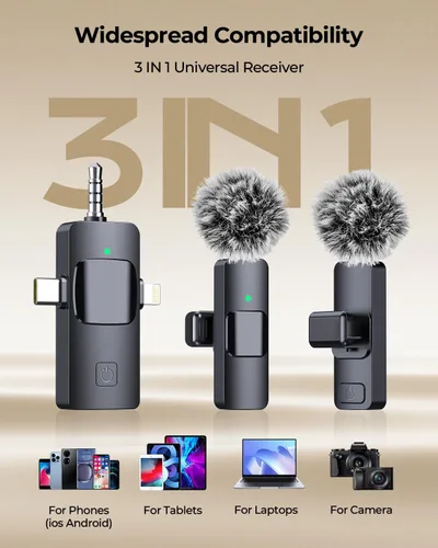 Vista 8 de BAILIXIN Micrófono 3 en 1 para iPhone, Android, cámara, micrófonos inalámbricos, mini micrófono, micrófono de solapa con reducción de ruido, sonido