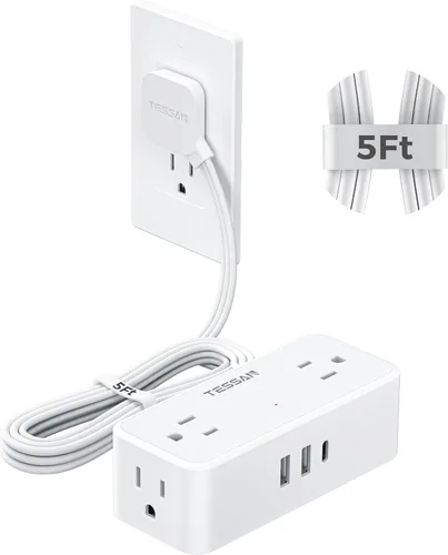 Vista 10 de Cable de extensión plano de 5 pies, TESSAN Regleta de protección contra sobretensiones con 4 tomas de CA ampliamente espaciadas, protección contra