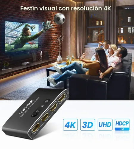 Vista 6 de Interruptor HDMI 3 en 1 Salida 4K UHD HDMI Switcher Splitter, interruptor automático con control remoto de metal HDMI Switch Box Hub Soporte 4K 3D