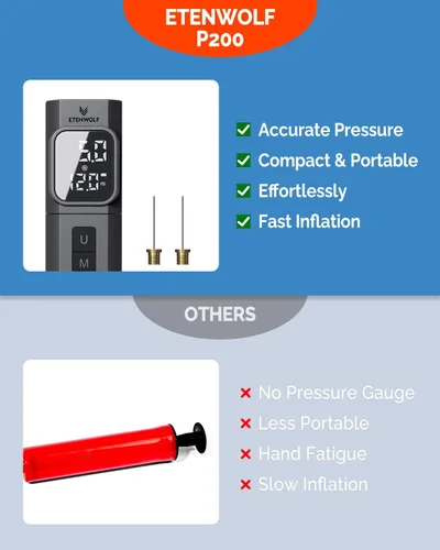 Vista 6 de ETENWOLF P200 Electric Ball Pump 2000mAh Sports Air Pump with Digital Pressure Gauge, Fast Inflation & Deflation for Basketball Soccer Volleyball