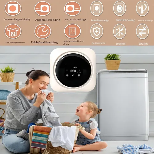 Vista 8 de Mini lavadora y secadora portátil 2 en 1, mini lavadora con panel de control LCD, tambor compacto de acero inoxidable, para ropa pequeña, ropa