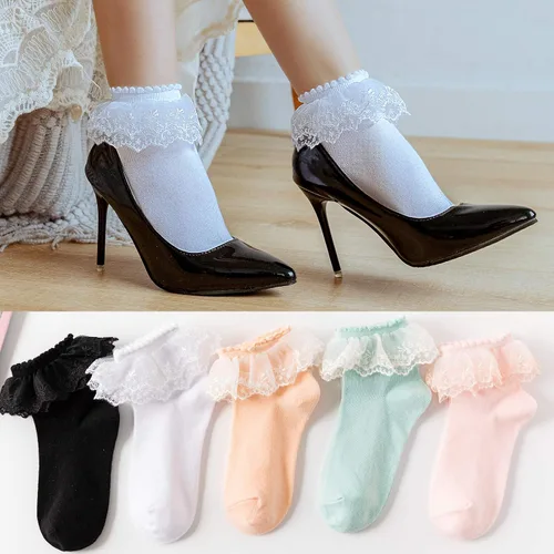 Vista 3 de SRYL Calcetines de tobillo para mujer, con volantes de encaje y encaje de doble capa, calcetines de princesa H08