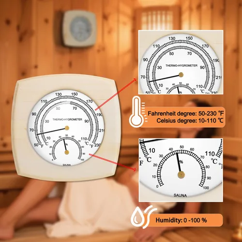 Vista 2 de Termómetro e higrómetro de madera para sauna - 2 en 1 Fahrenheit (50-250°F) para salas de barril/infrarrojos/vapor, diseño analógico de montaje