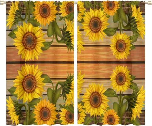 Vista 10 de Cortinas opacas de girasol, diseño natural, de granja, floral, con bolsillo para barra, para ventana, para dormitorio, sala de estar, 42 x 45